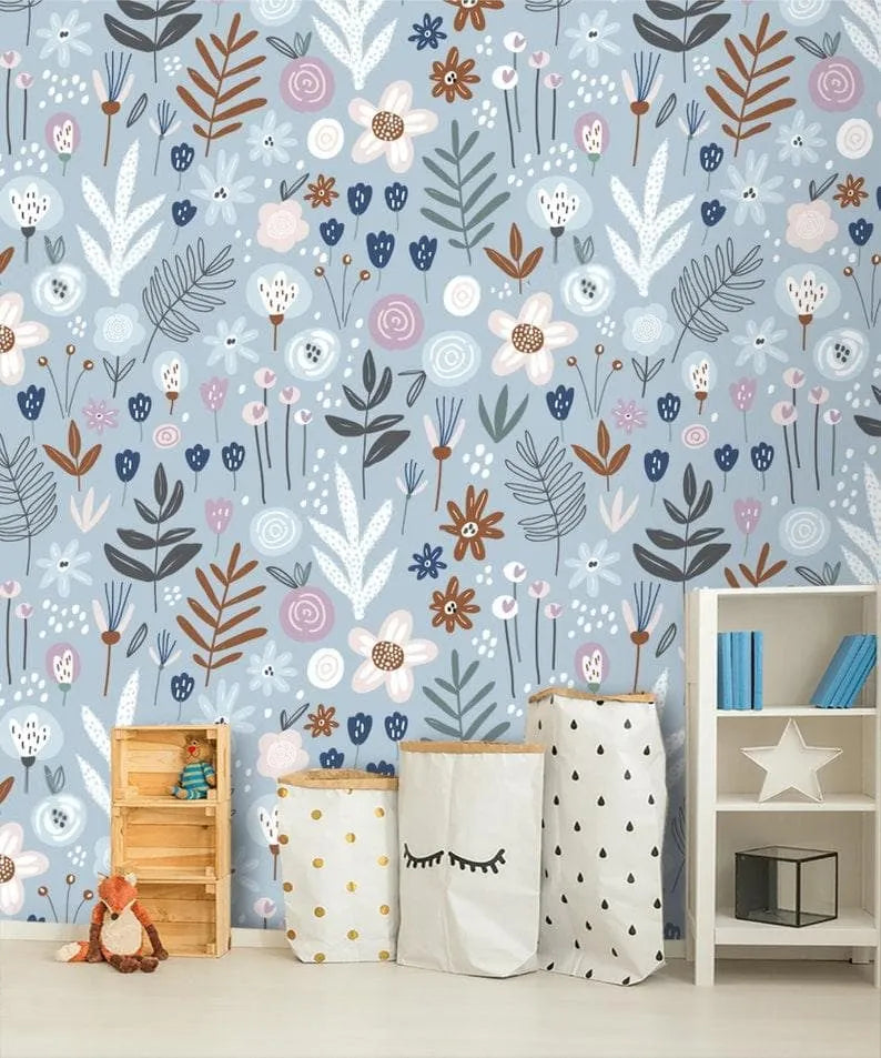 Blue Illustrated Floral and Fern Wallpaper