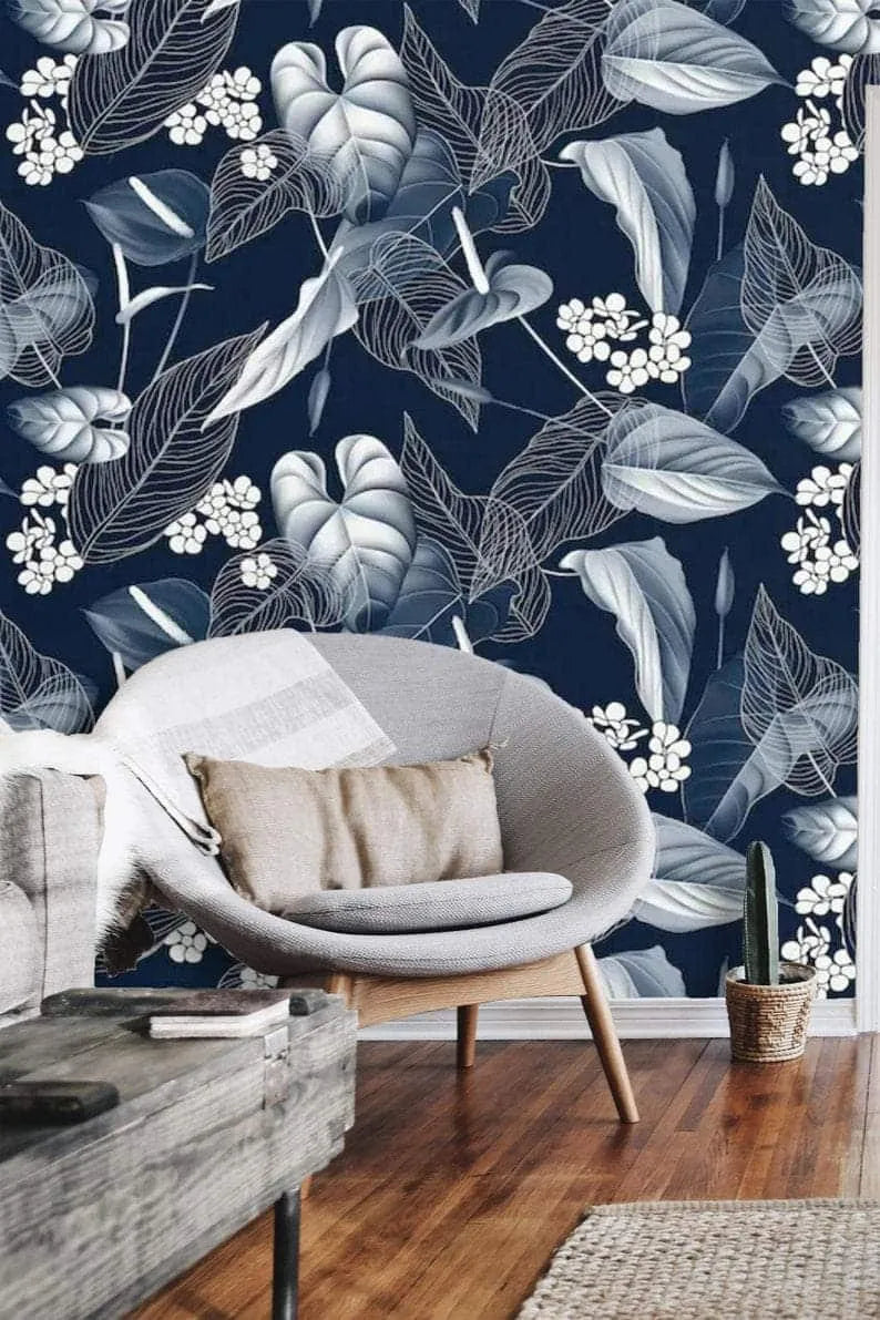 Blue Monstera and Floral Watercolor Wallpaper