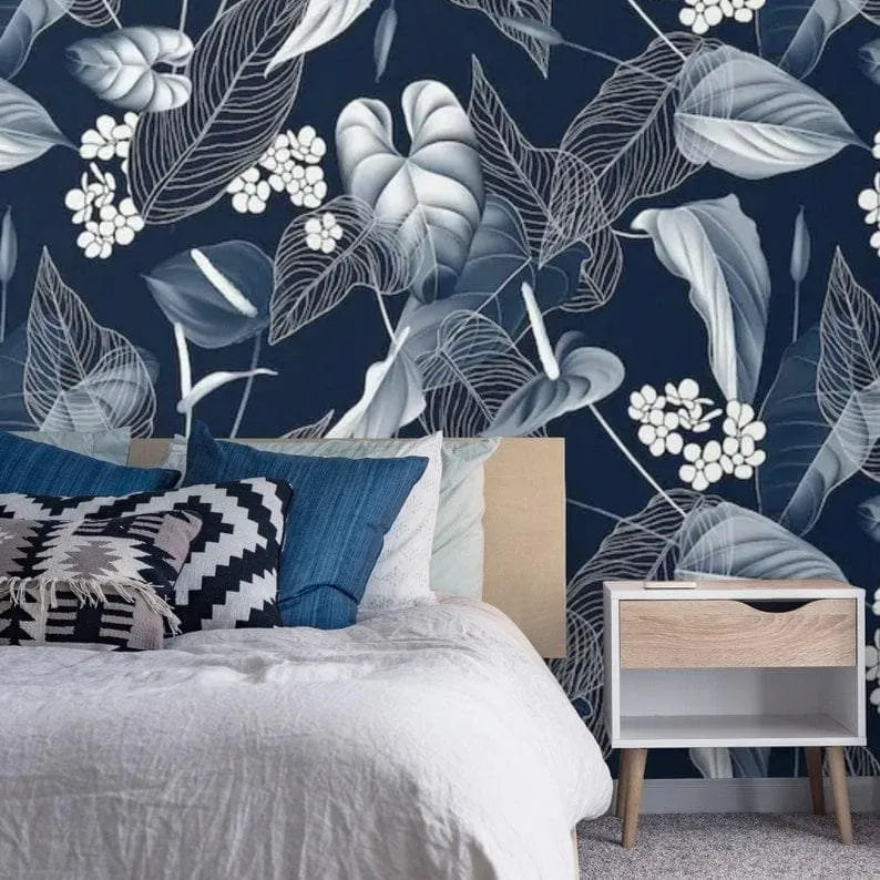 Blue Monstera and Floral Watercolor Wallpaper