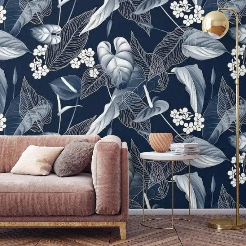 Blue Monstera and Floral Watercolor Wallpaper