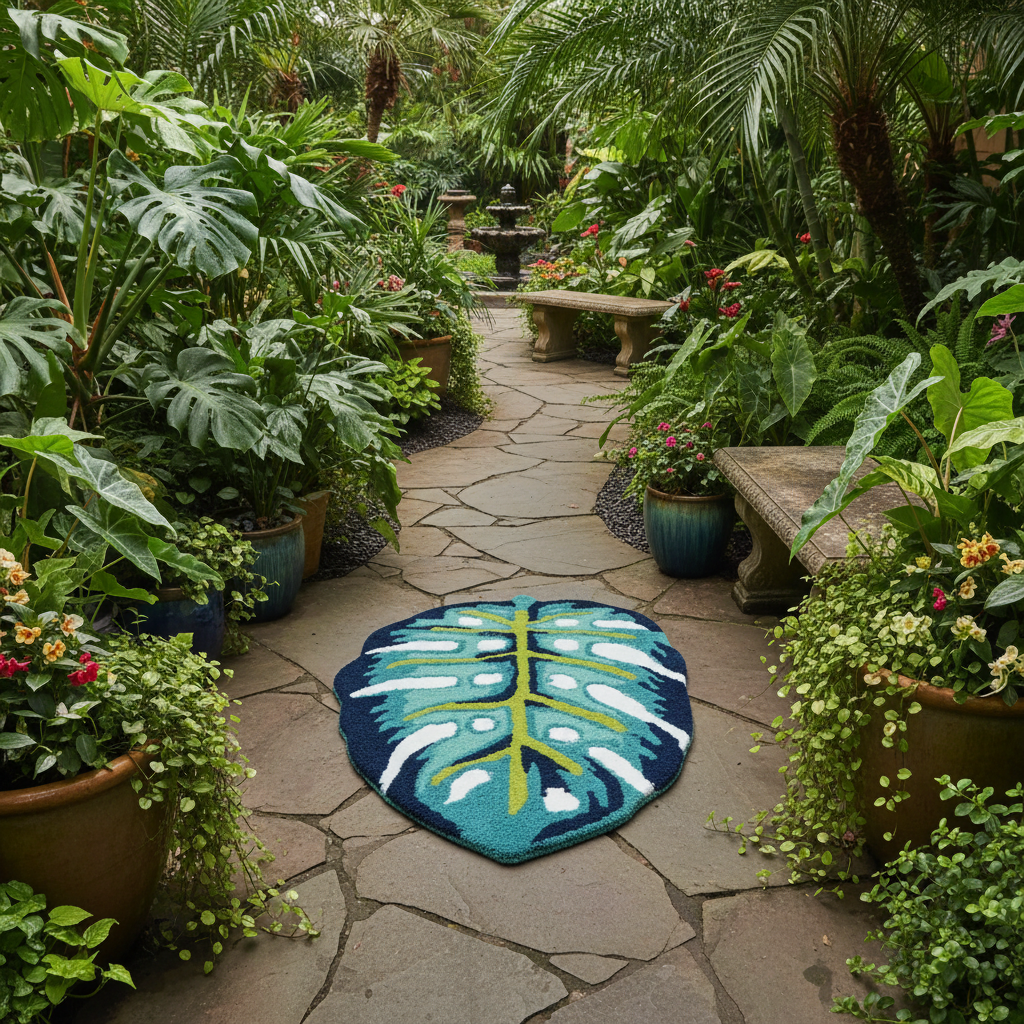 Decorative rug with leaf design on a stone pathway surrounded by lush greenery