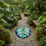 Decorative rug with leaf design on a stone pathway surrounded by lush greenery