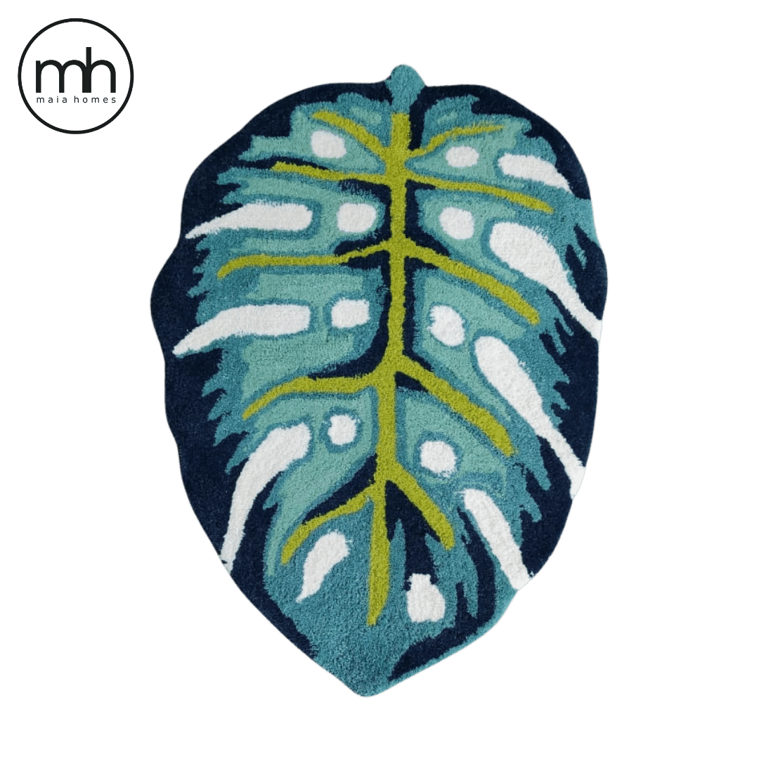 Blue Monstera Leaf Shaped Accent Hand Tufted Wool Rug