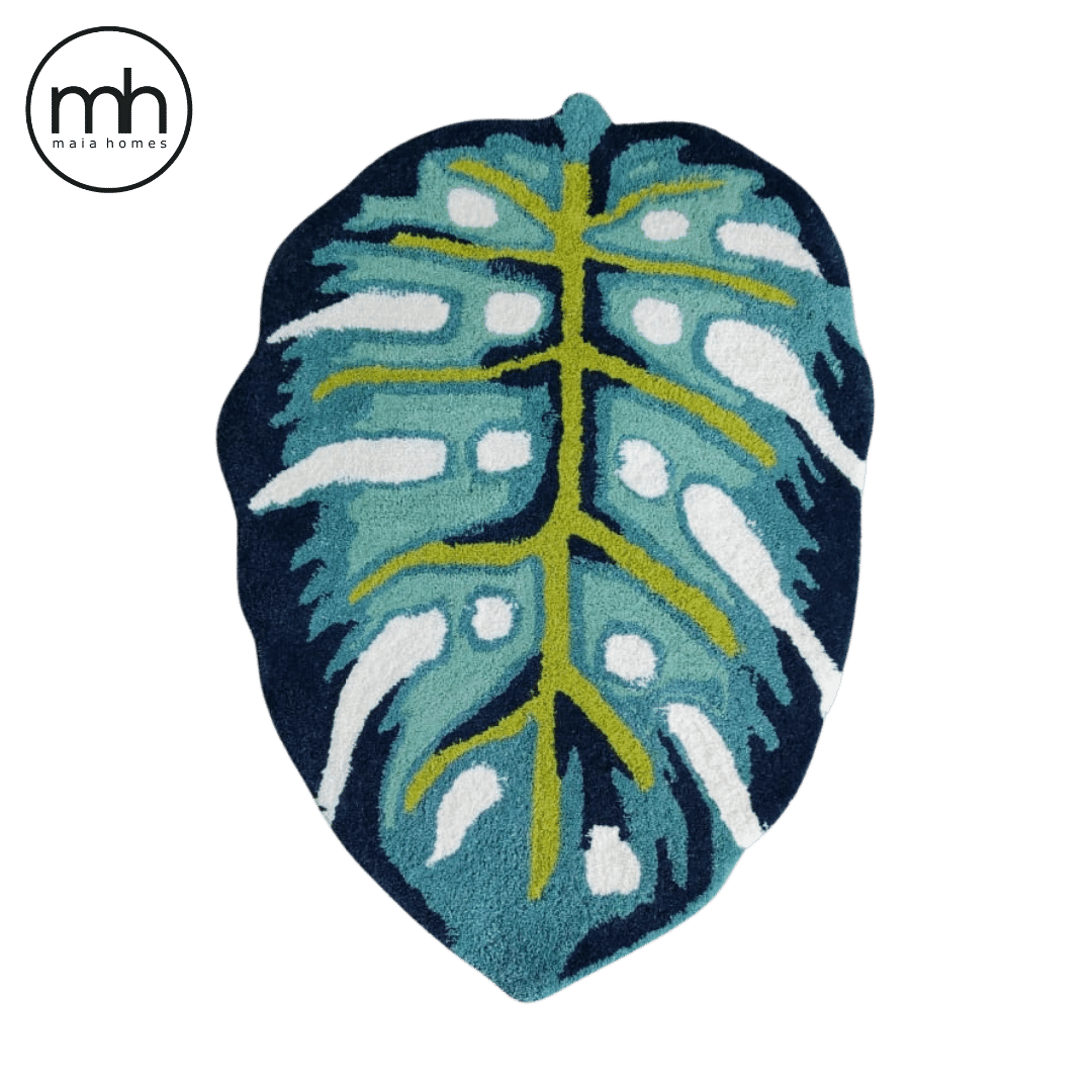 Blue Monstera Leaf Shaped Accent Hand Tufted Wool Rug - MAIA HOMES