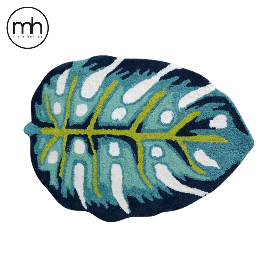 Blue Monstera Leaf Shaped Accent Hand Tufted Wool Rug - MAIA HOMES
