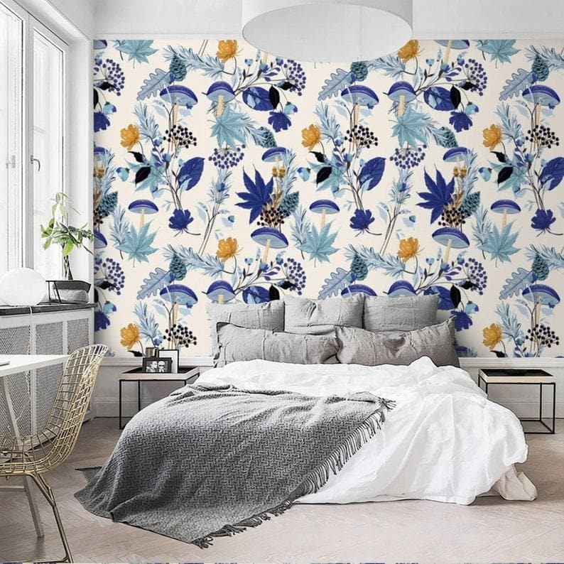 Blue Mushroom Floral Wallpaper - MAIA HOMES