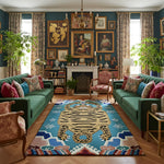 Decorative living room with teal sofas, a tiger rug, and framed artwork on a blue wall.