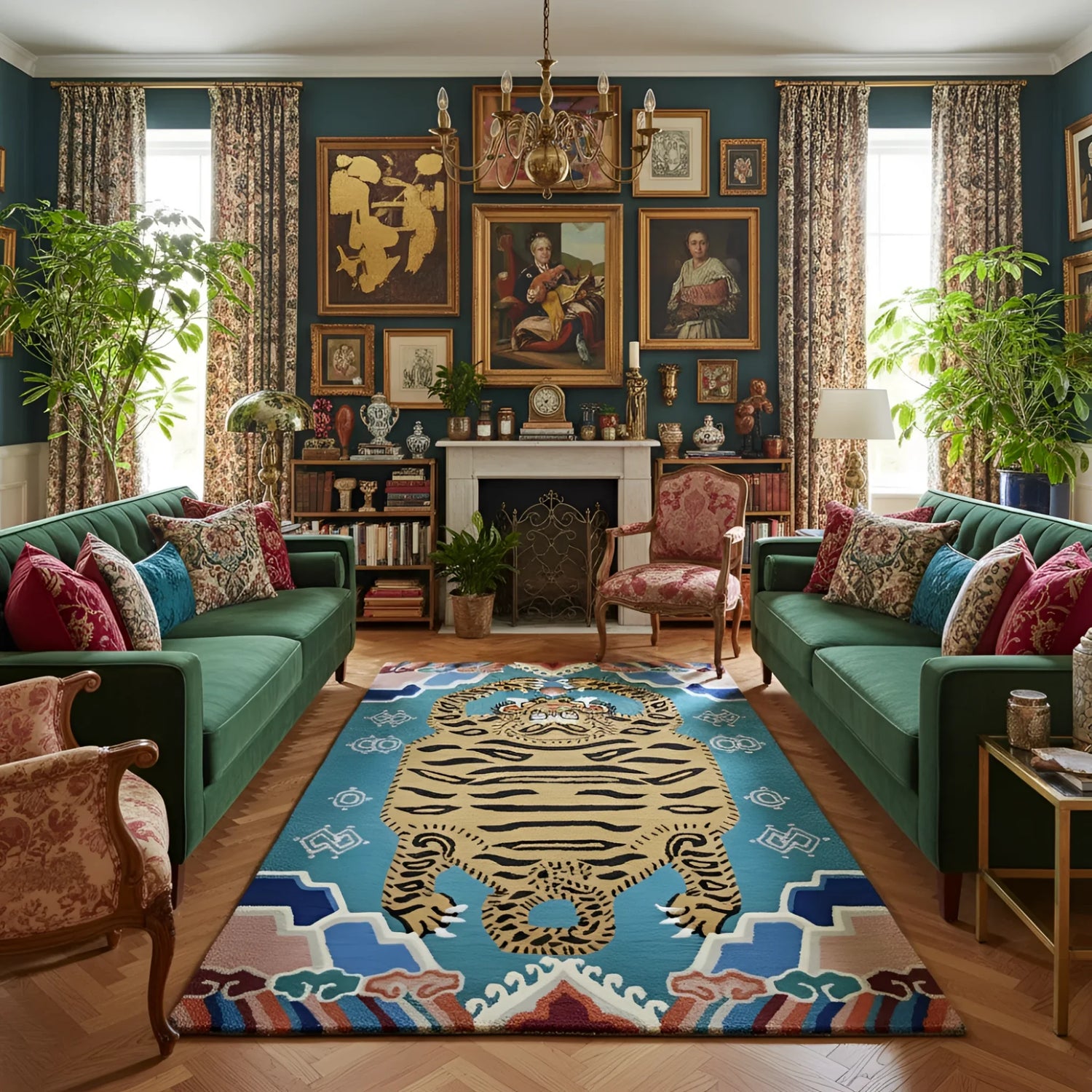 Decorative living room with teal sofas, a tiger rug, and framed artwork on a blue wall.