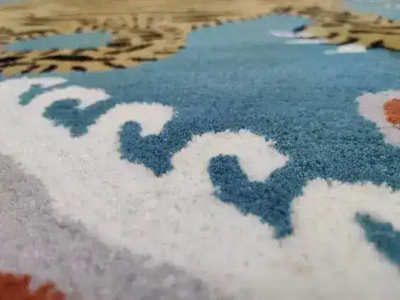 Close-up view of a Blue Oriental Tiger Hand Tufted Wool Rug, showcasing detailed patterns and rich colors, perfect for adding elegance to your bedroom or living room. This high-quality wool area rug features intricate designs ideal for bedroom area rugs or living room decoration.
