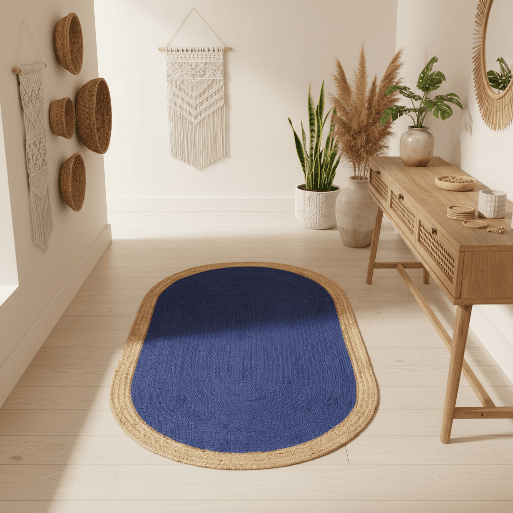 Blue oval rug on a wooden floor with decorative plants, a jute rug,  and a wooden console table.