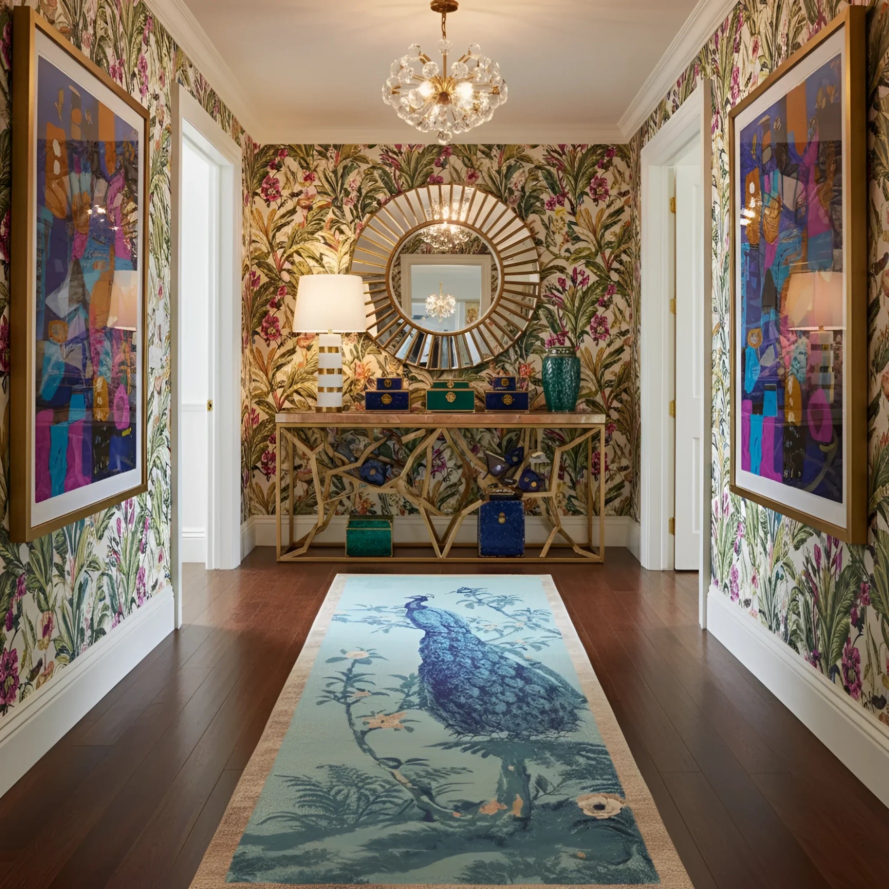 Decorative hallway with floral wallpaper, a console table, and a peacock rug.