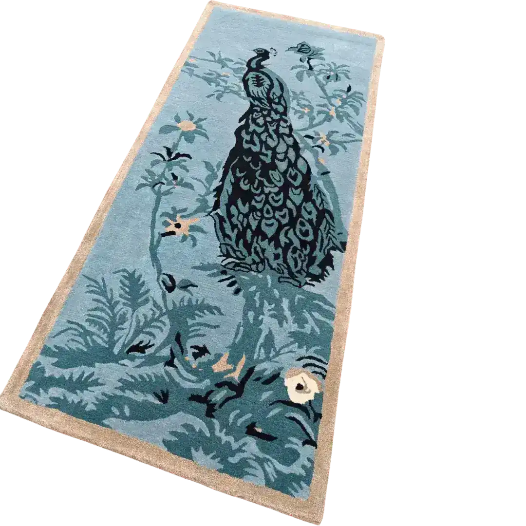 Elegant Blue Peacock Floral Hand Tufted Area Rug, perfect for adding a touch of sophistication to your bedroom. This wool rug features a detailed peacock design with floral patterns, offering a blend of style and comfort as a bedroom area rug.