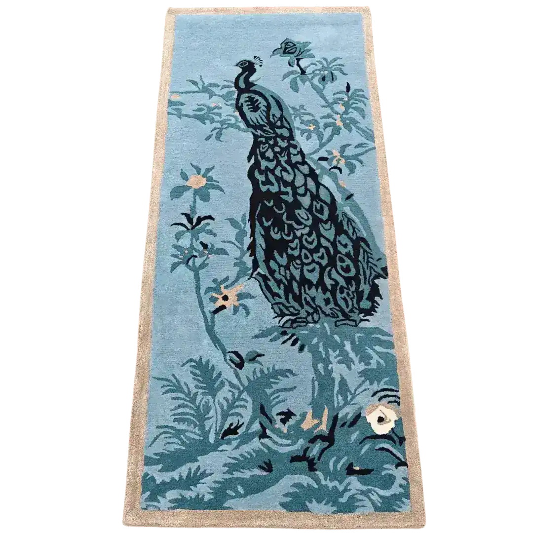 Beautiful Blue Peacock Floral Hand Tufted Wool Area Rug perfect for adding elegance to your bedroom. This bedroom rug showcases an exquisite peacock design surrounded by floral patterns, ideal for those seeking stylish bedroom area rugs.