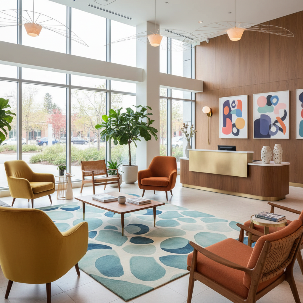 Modern office lobby with colorful chairs, a reception desk, an abstract wool rug, and abstract art on the wall.