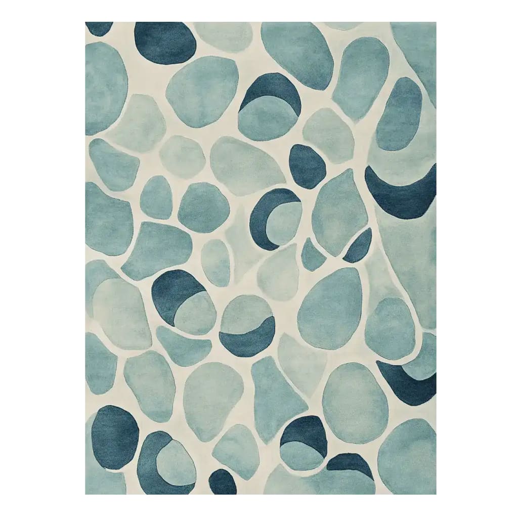 A contemporary area rug featuring a hand-tufted design of blue pebble patterns on a neutral background. Perfect for adding a modern touch to living room decor, this wool rug combines style and comfort seamlessly.