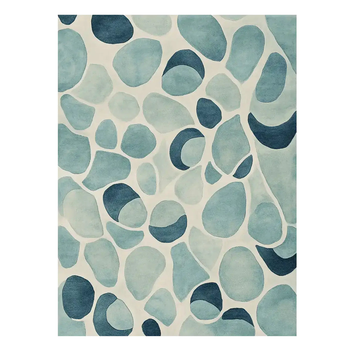 A contemporary area rug featuring a hand-tufted design of blue pebble patterns on a neutral background. Perfect for adding a modern touch to living room decor, this wool rug combines style and comfort seamlessly.