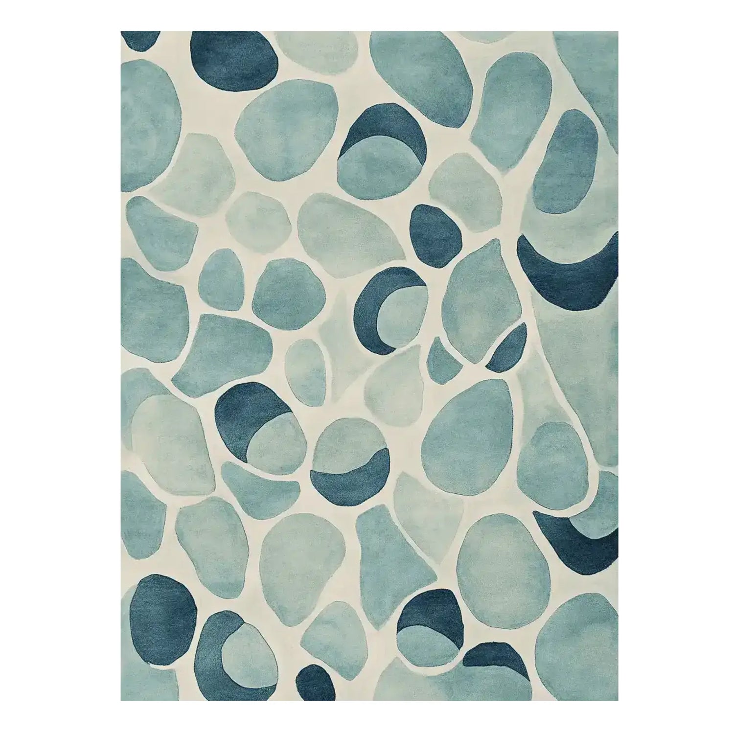 A contemporary area rug featuring a hand-tufted design of blue pebble patterns on a neutral background. Perfect for adding a modern touch to living room decor, this wool rug combines style and comfort seamlessly.