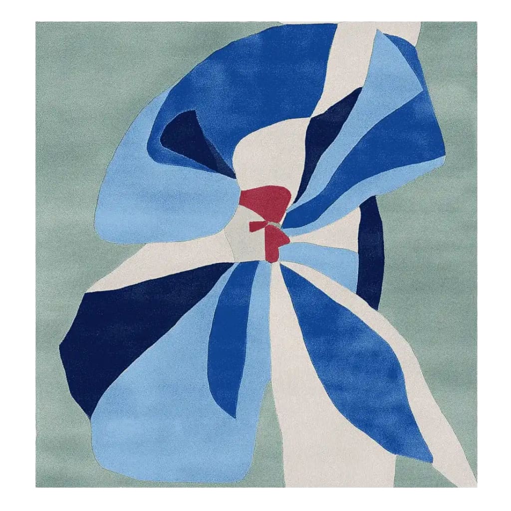 Contemporary Blue Petal Surg Hand Tufted Rug, a square area rug, featuring abstract blue and red floral designs on a soft green background, perfect for adding a modern touch to living room spaces.