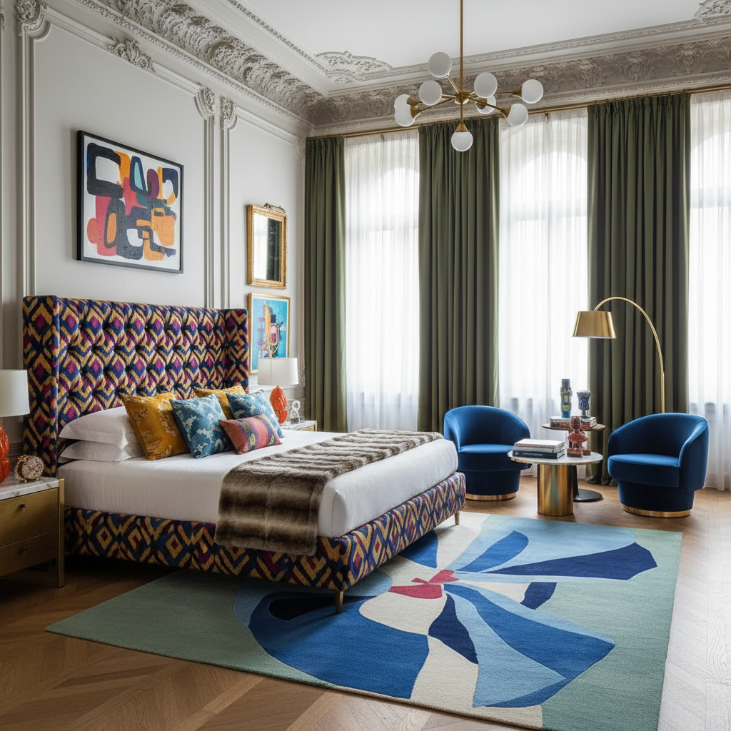Luxurious bedroom with colorful headboard, patterned rug, and modern decor.
