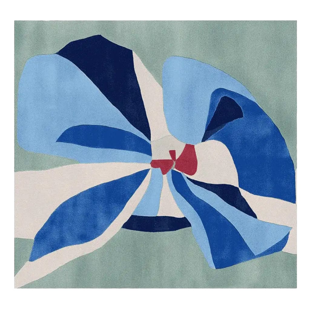 Stylish Blue Petal Surg Hand Tufted Area Rug featuring a contemporary abstract design with swirling blue and white petals on a soft green background. This square wool rug is perfect for adding a modern touch to living room area rugs, bringing vibrant color and elegance to any space.