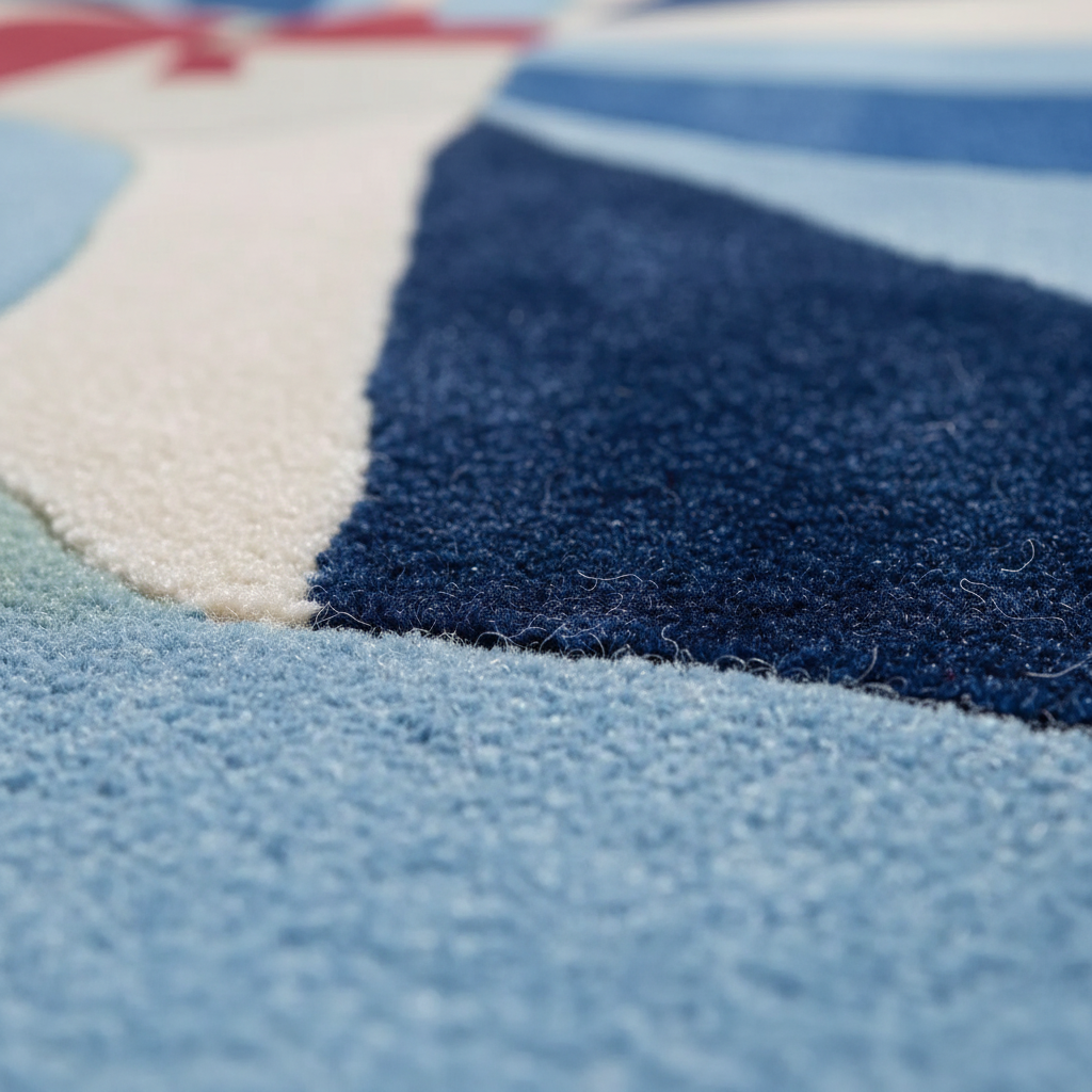 Close-up of a textured blue and white rug with geometric patterns.