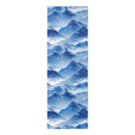 Full-length yoga mat printed with a blue watercolor mountain range