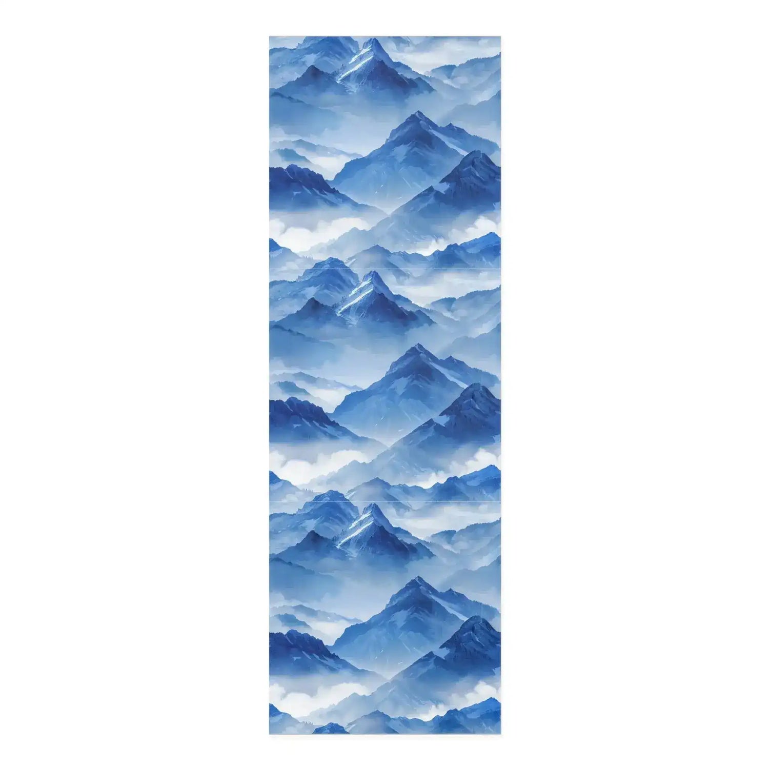 Full-length yoga mat printed with a blue watercolor mountain range