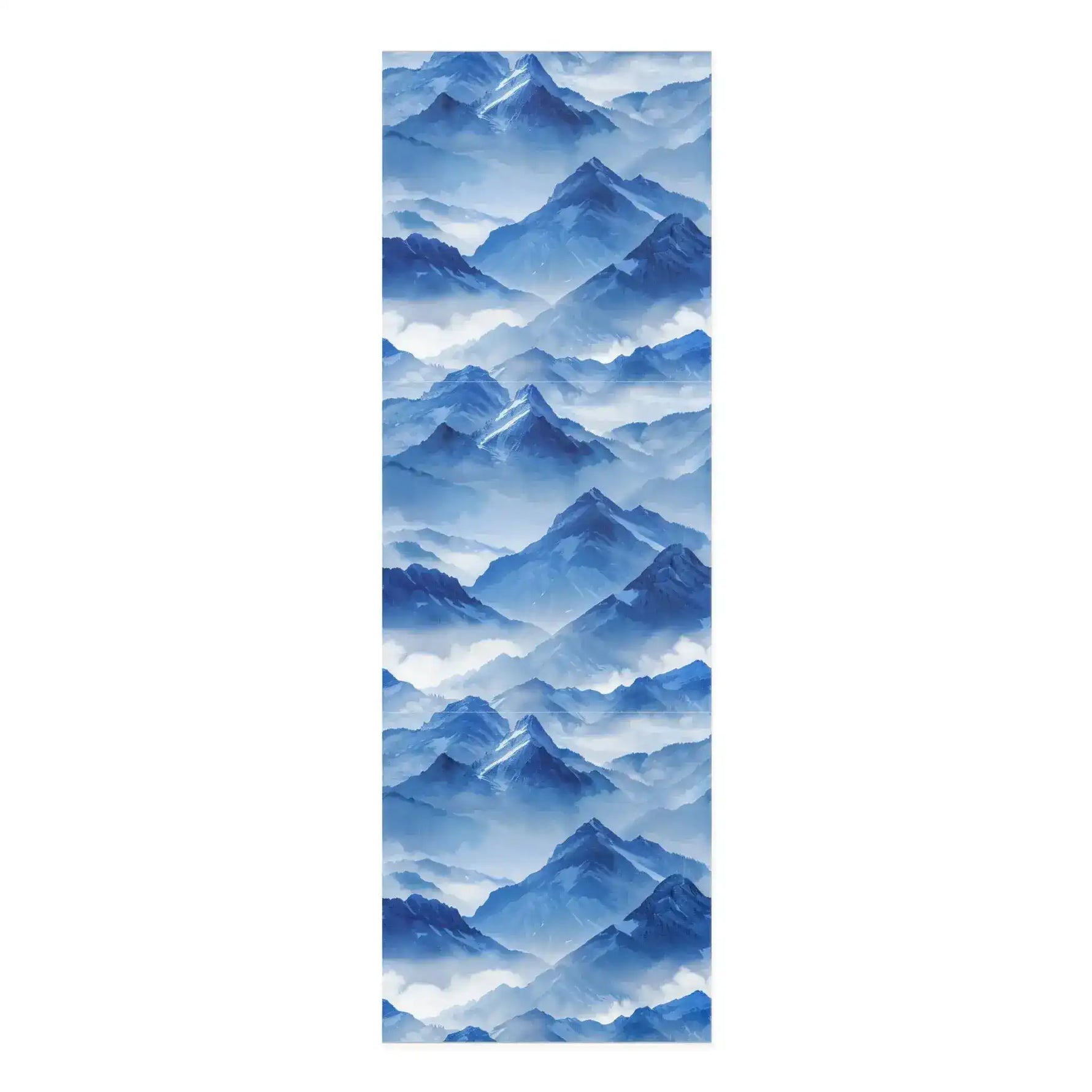 Full-length yoga mat printed with a blue watercolor mountain range