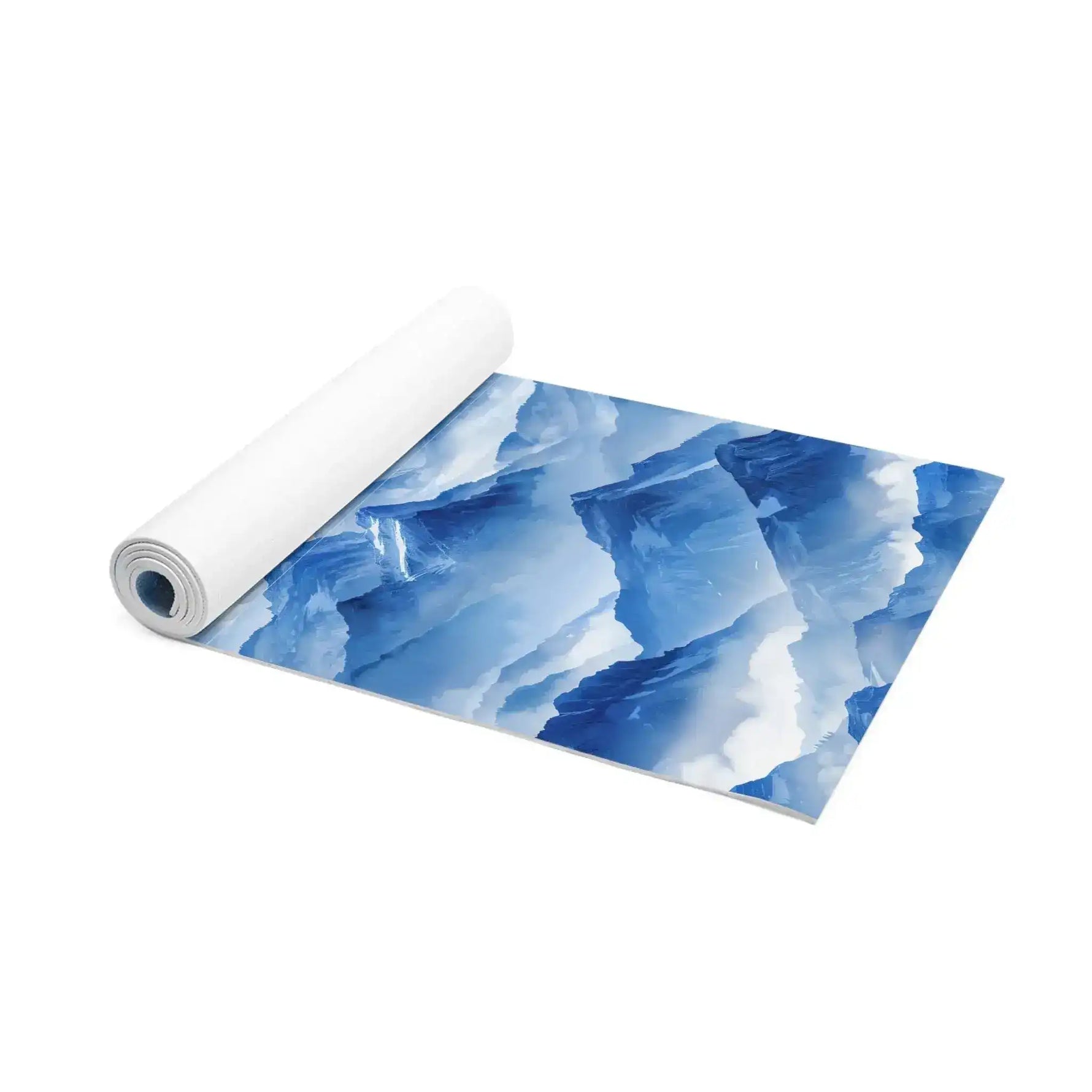 Blue Ridge mountain-print yoga mat partly rolled, showing its white underside