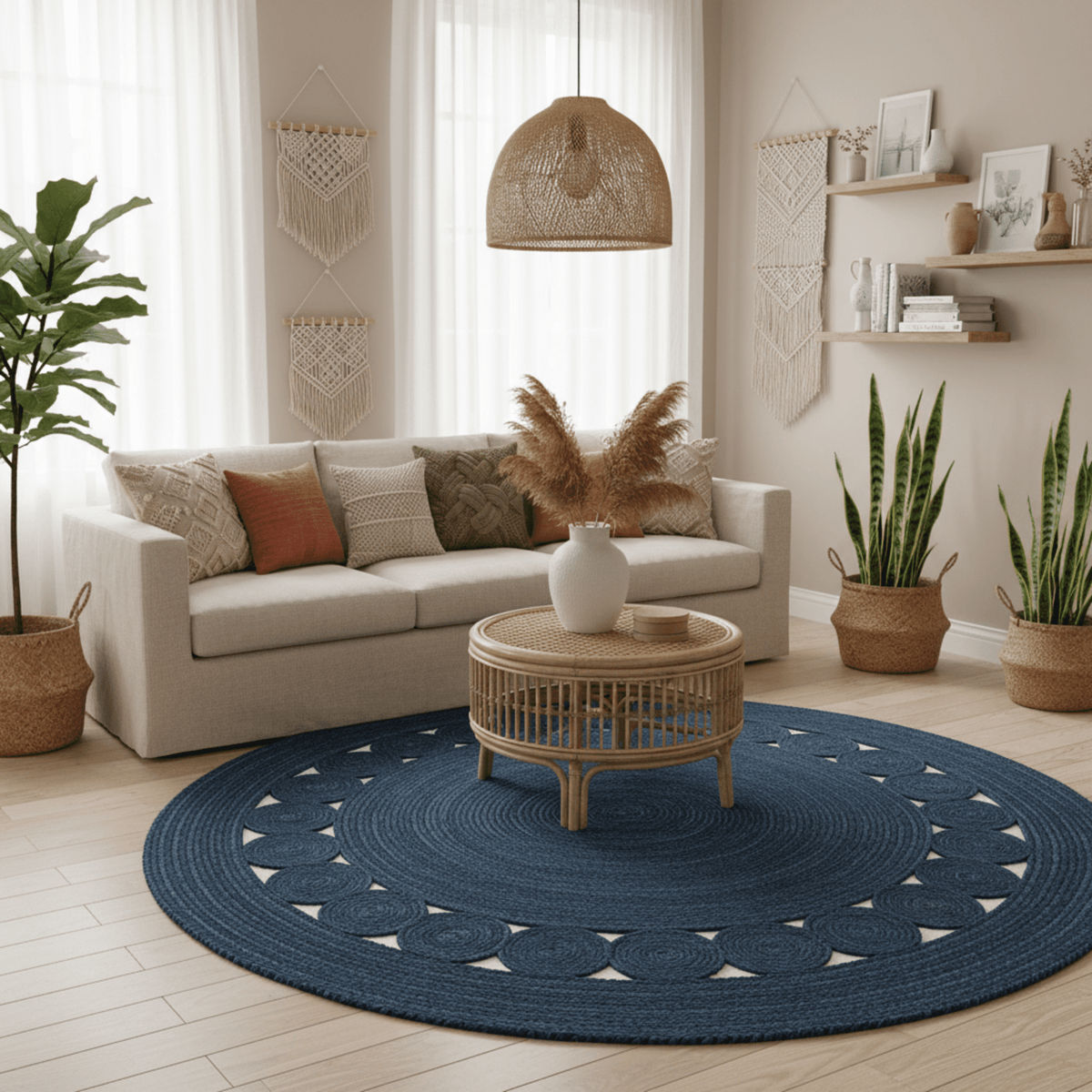 Living room with a blue round jute rug, beige sofa, and decorative plants.