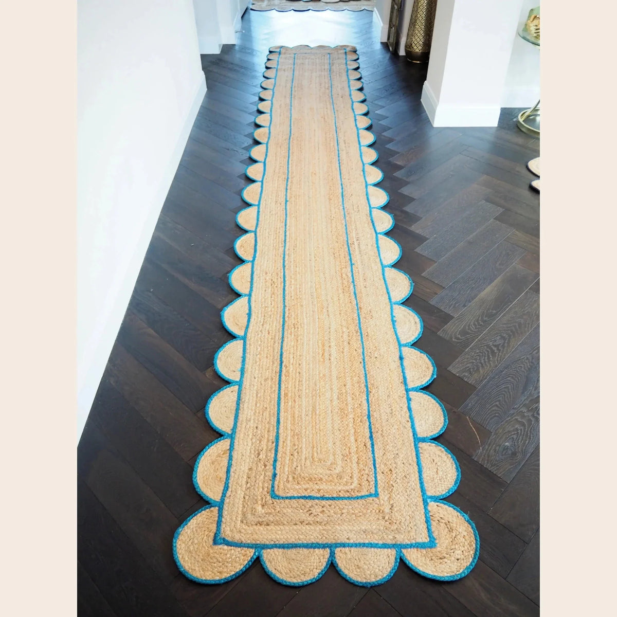 Blue Scalloped Border Jute Rug Runner