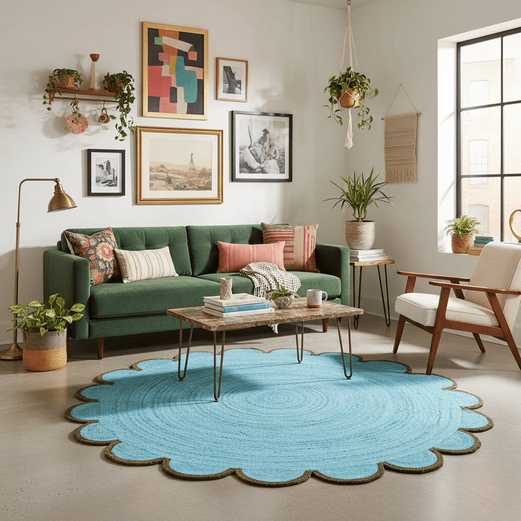 Living room with a green sofa, wooden coffee table, and blue round rug.