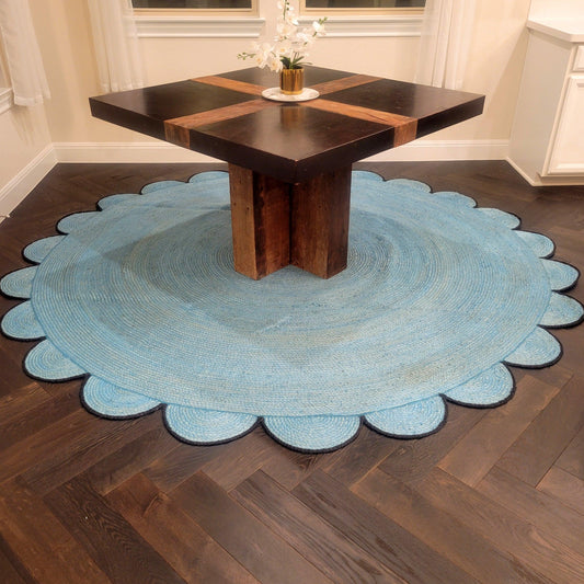 Blue Scalloped Round Jute Rug - MAIA HOMES