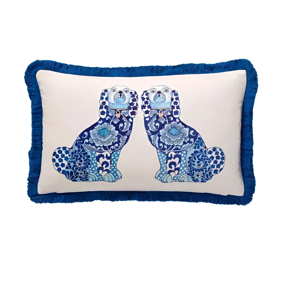 Decorative throw pillow featuring blue Staffordshire dog designs with fringes, ideal for home decor