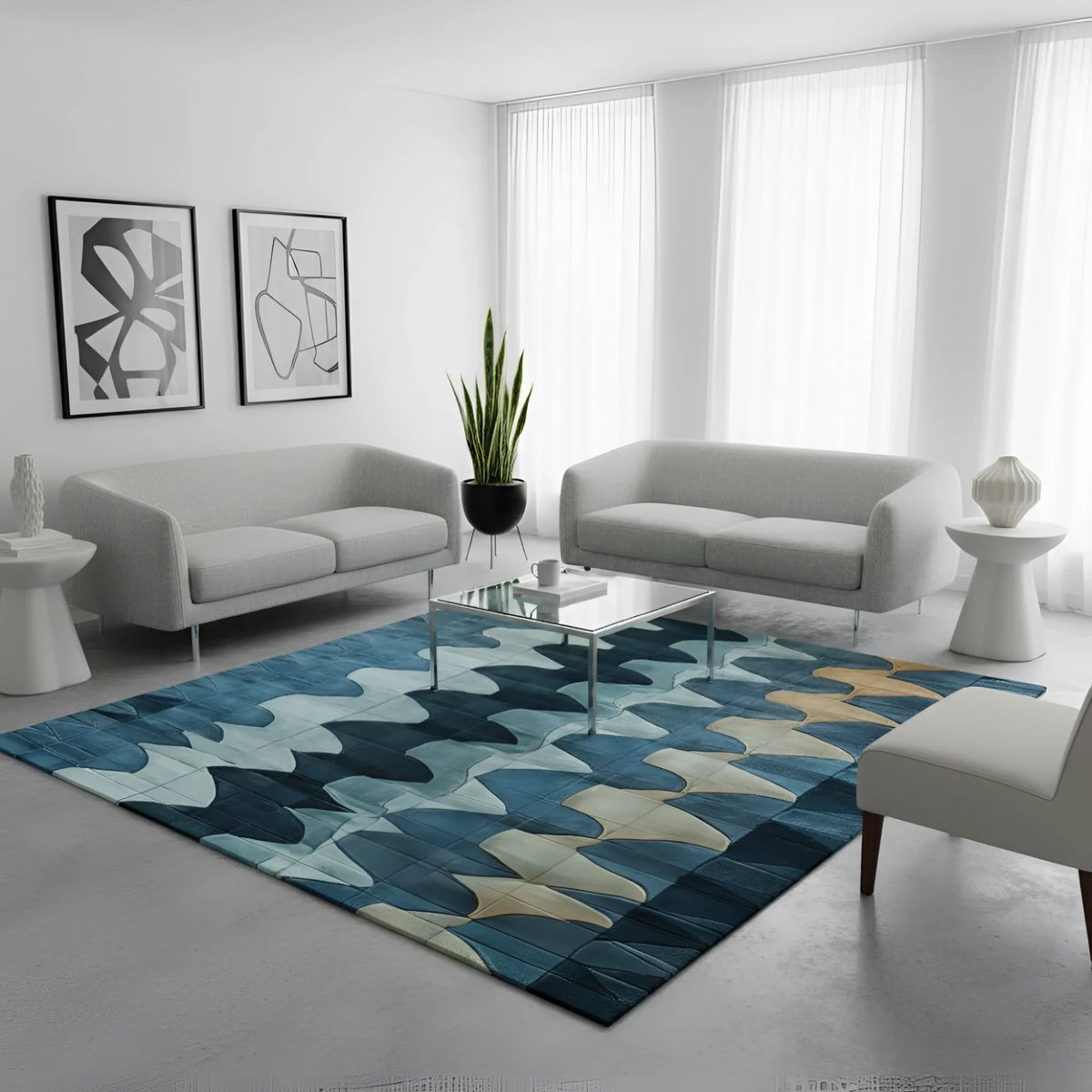 Blue, teal and cream wavy abstract hand-tufted rug in bright living room with grey sofas