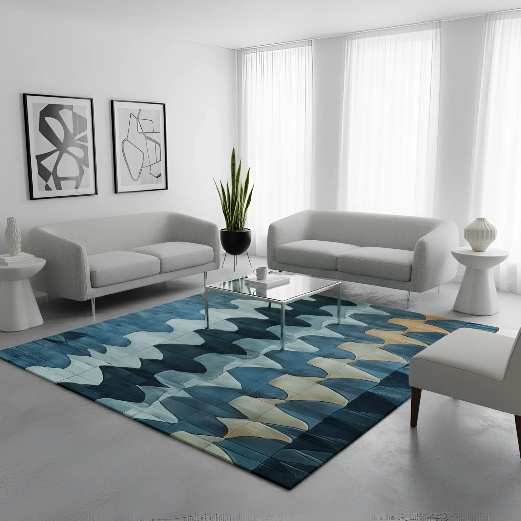Blue, teal and cream wavy abstract hand-tufted rug in bright living room with grey sofas