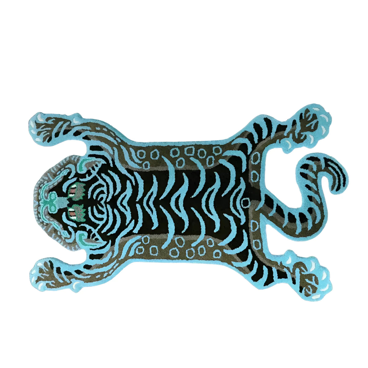 A striking Blue Tibetan Tiger Accent Hand Tufted Wool Rug featuring an abstract tiger design in vibrant blue and black. This large area rug is perfect for adding a bold statement to an office space, combining artistry with the soft texture of wool, ideal for those seeking unique rugs for office decor.