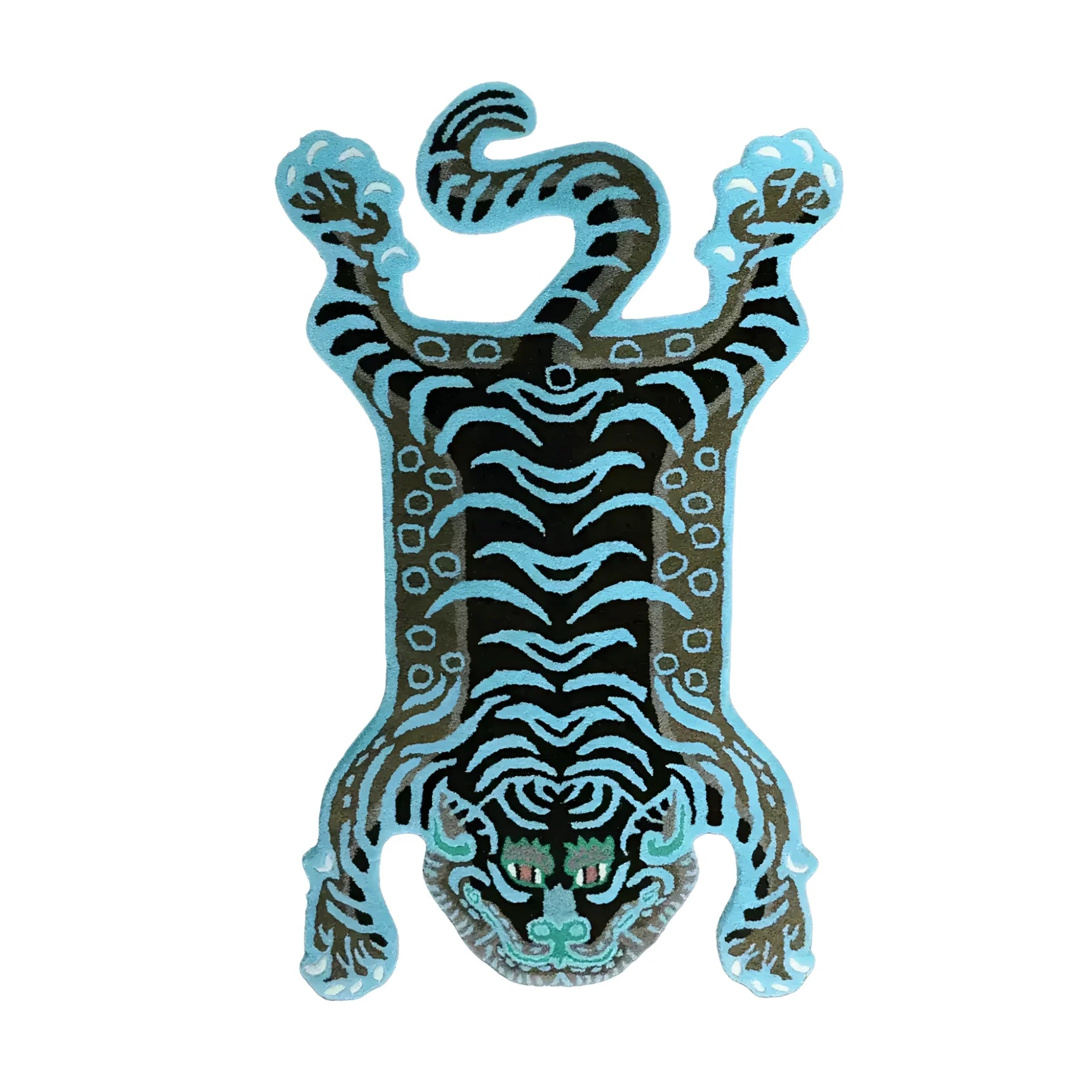 A striking Blue Tibetan Tiger Accent Hand Tufted Wool Rug featuring an intricately designed tiger pattern. This large area rug is perfect for adding a bold touch to an office space, showcasing rich colors and textures typical of high-quality wool rugs.