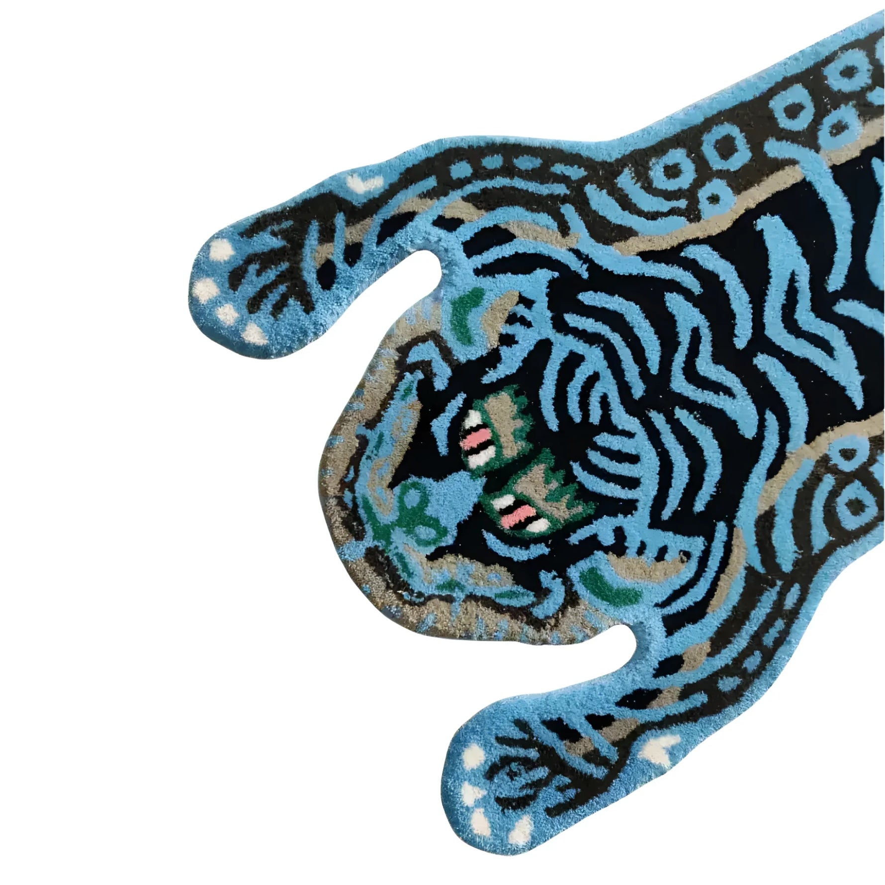 A striking Blue Tibetan Tiger Accent Hand Tufted Wool Rug, showcasing an abstract tiger design in vivid blue, black, and beige tones. Perfect for adding a bold statement to an office space, this large area rug exemplifies the elegance of handcrafted wool rugs for office settings.