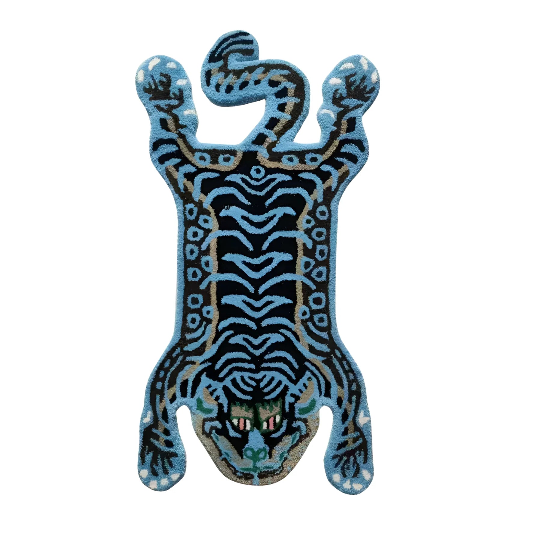 A striking Blue Tibetan Tiger Accent Hand Tufted Wool Rug, perfect as a large area rug for an office. The rug features an abstract tiger design in vivid blue and black tones, adding a bold artistic flair to office spaces. Ideal for those seeking unique rugs for office decor.