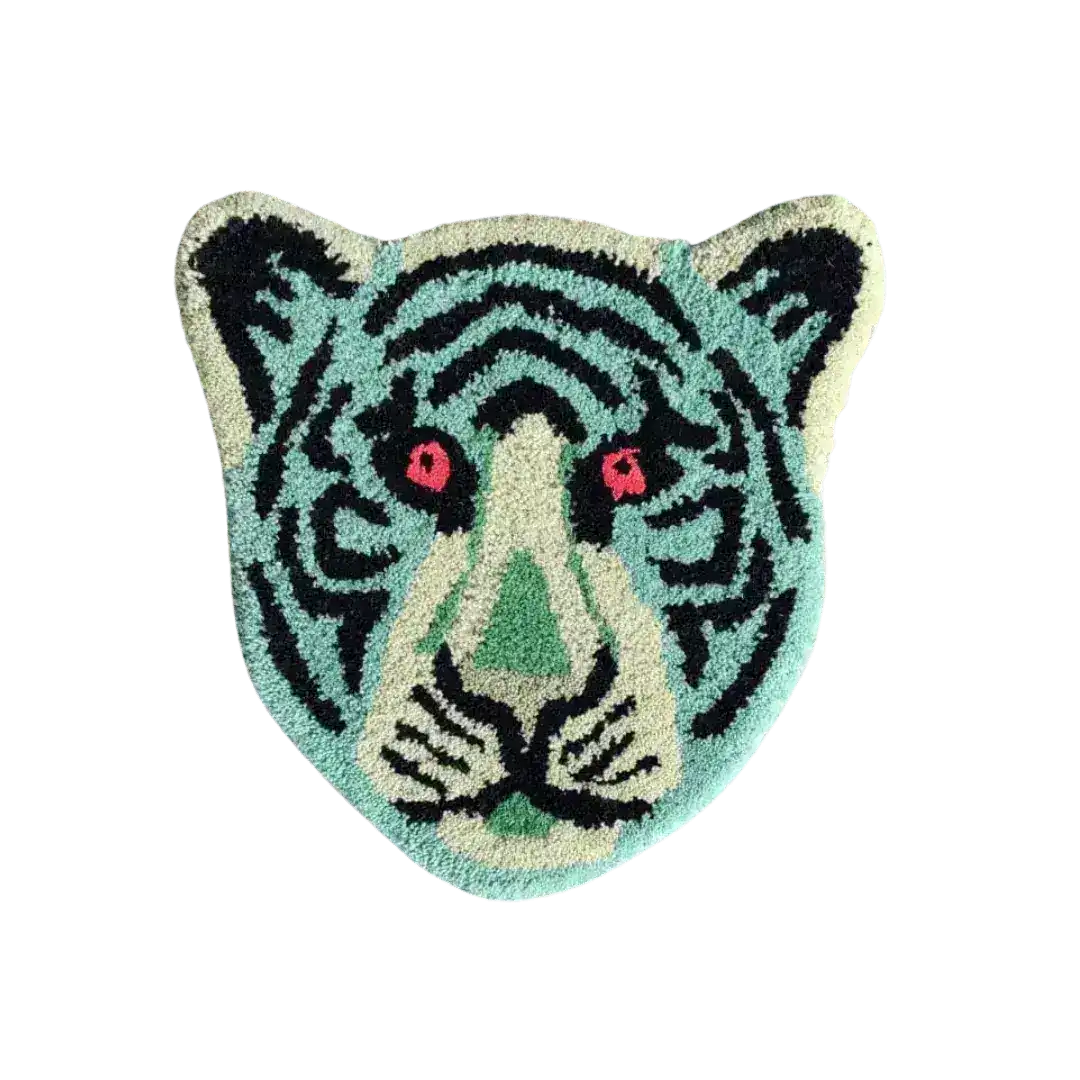 A vibrant Blue Tiger Face Hand-Tufted Wool Accent Rug, perfect for adding a unique touch to your office or living room. This area rug features a striking tiger design in shades of blue and black, ideal for wool rug enthusiasts looking to enhance their space with style.