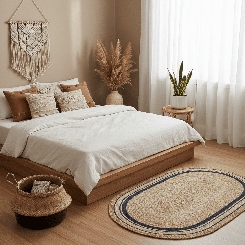 Cozy bedroom with wooden bed, jute rug, white bedding, and decorative elements.