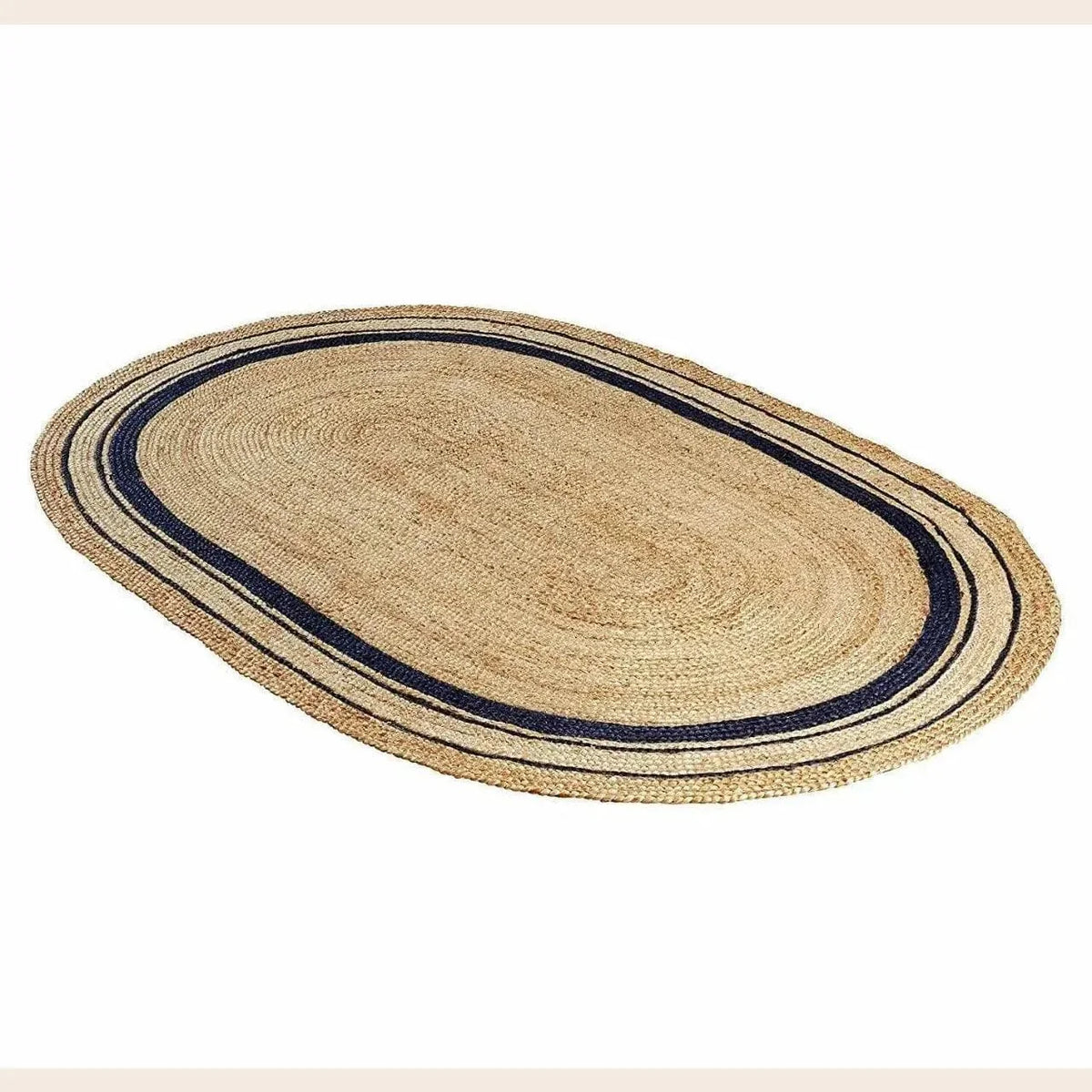 Blue Trim Natural Oval Hand Braided Jute Rug