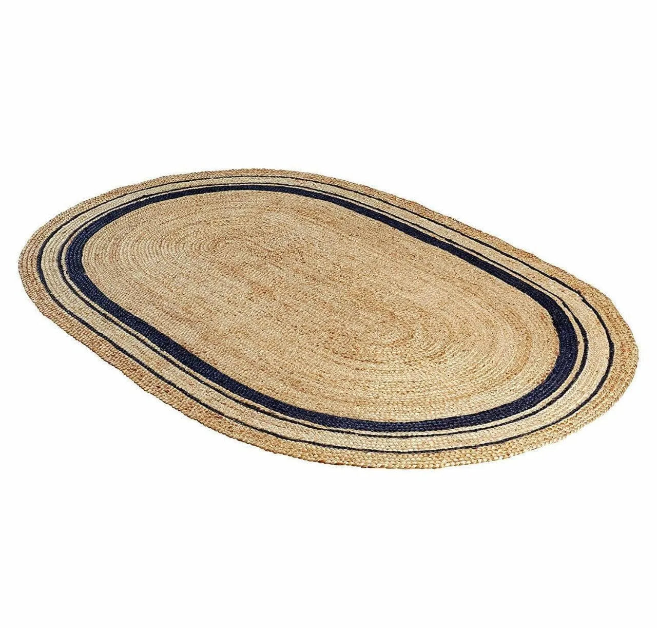 Blue Trim Natural Oval Hand Braided Jute Rug