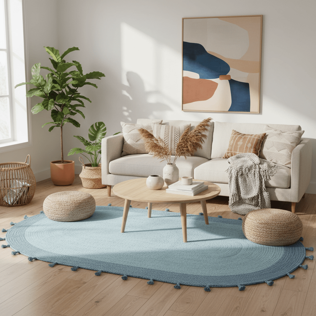 Blue Two Toned Oval Jute Rug with Tassels