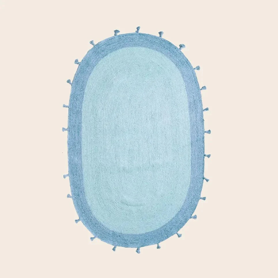 Blue Two Toned Oval Jute Rug with Tassels