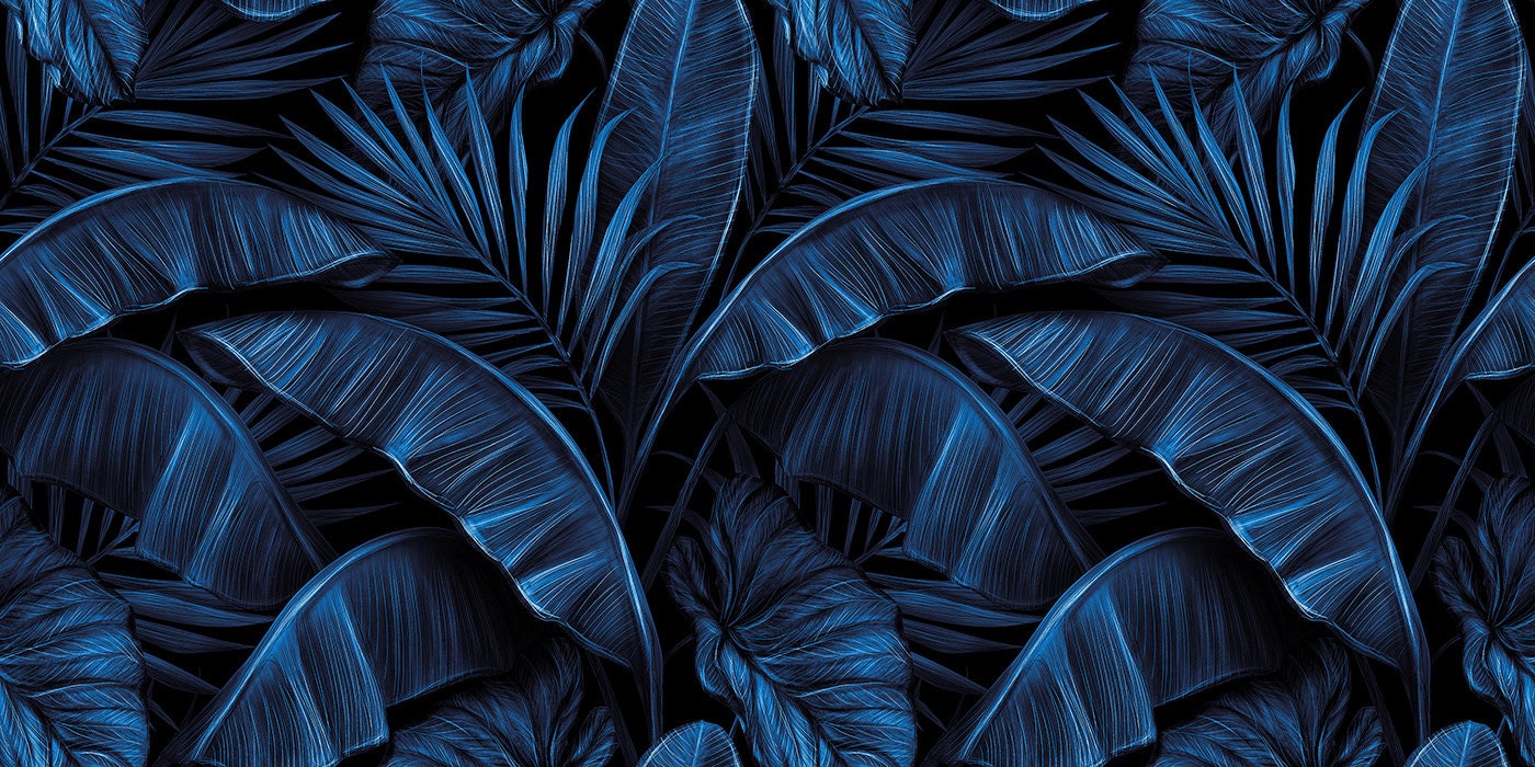 Electric blue tropical palm and banana leaves wallpaper can create a vibrant and exotic look in a room. The electric blue color adds a bold and modern twist to the traditional tropical leaf pattern, making it a striking choice for accent walls or statement rooms. The contrast between the vivid blue and the lush green of the leaves can create a lively and energetic atmosphere.