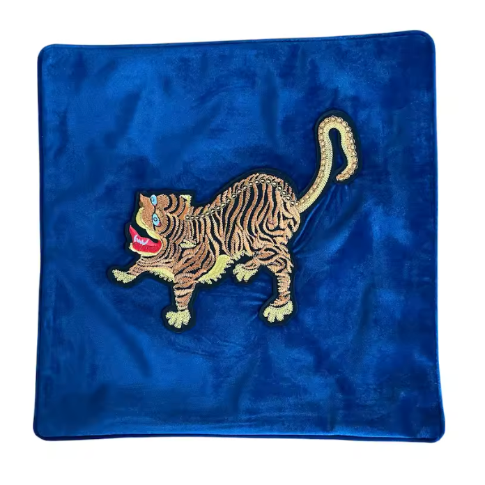 Blue Embroidered Asian Tiger Velvet Throw Pillow Cover