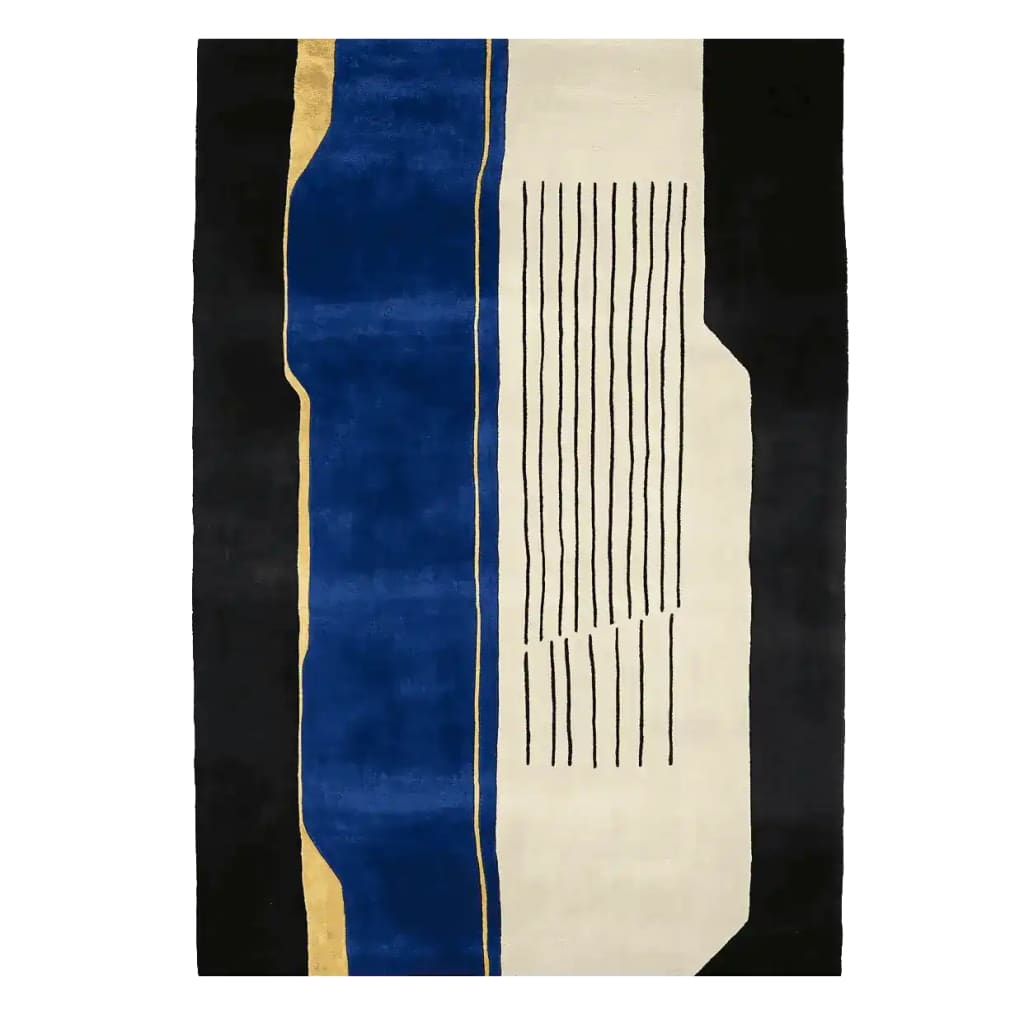 Contemporary area rug featuring a modern abstract design with bold blue, black, and cream colors. This hand-tufted wool rug is perfect for adding a stylish touch to living room areas. Ideal for those seeking large living room rugs with a unique flair.