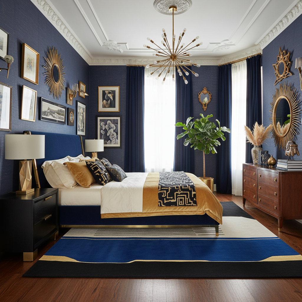 Luxurious bedroom with blue walls, gold accents, and a large rug.